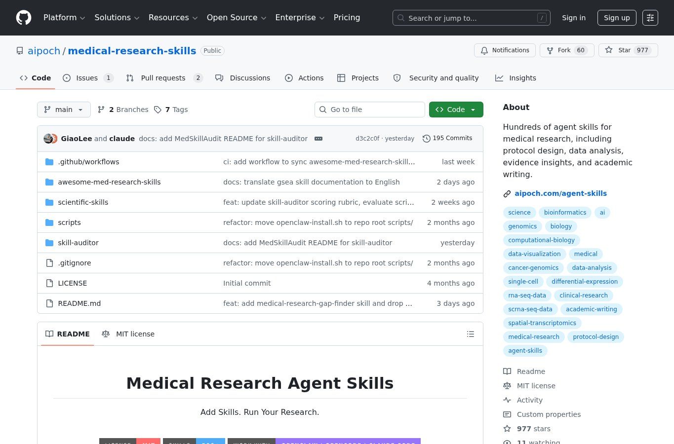 medical-research-skills:面向医学科研 Agent 的技能模板 screenshot